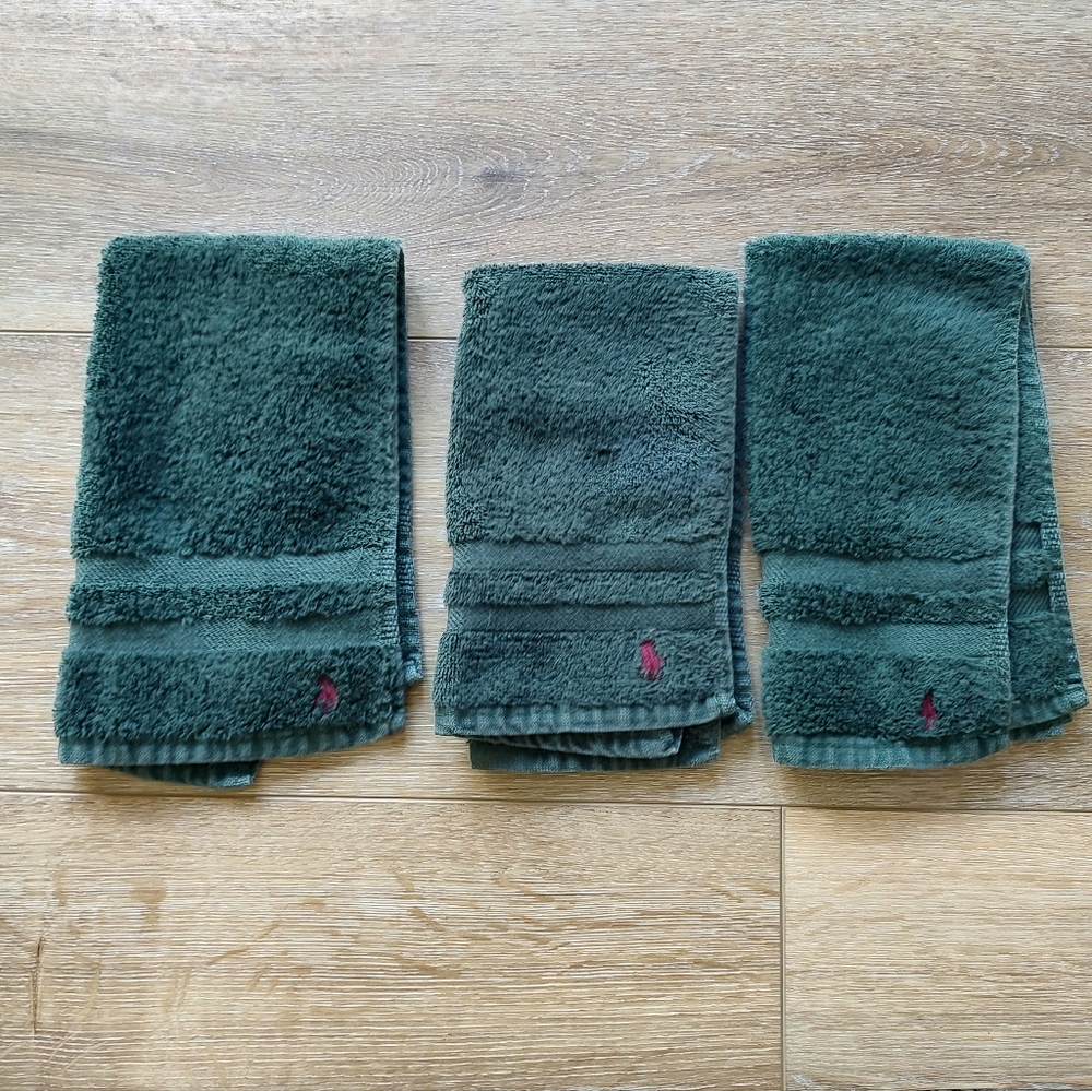 Ralph Lauren Home Vintage Polo Pony Green Hand Towels Set Of 3 Cotton USA Y2K